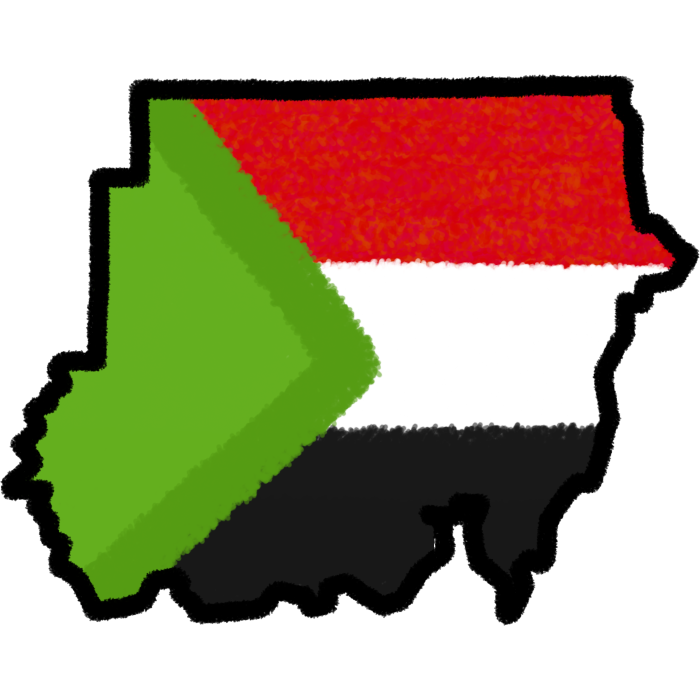 A land mass matching the shape of sudan with a black outline and the interior matching the sudan flag: 3 stripes red, white, then black with a green triangle.